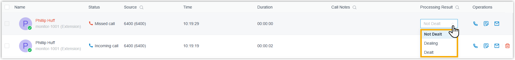 Processing-status drop-down open next to a missed queue call in the web app