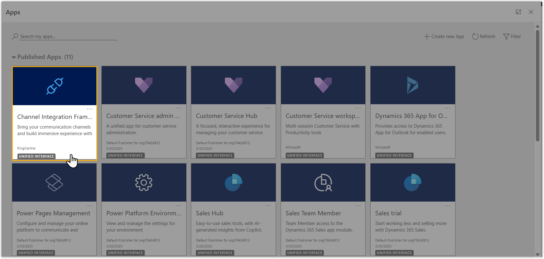Apps list with Channel Integration Framework highlighted