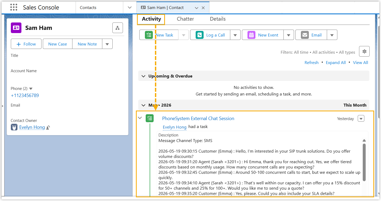 A synced chat session shown under the Activity tab of a Salesforce contact