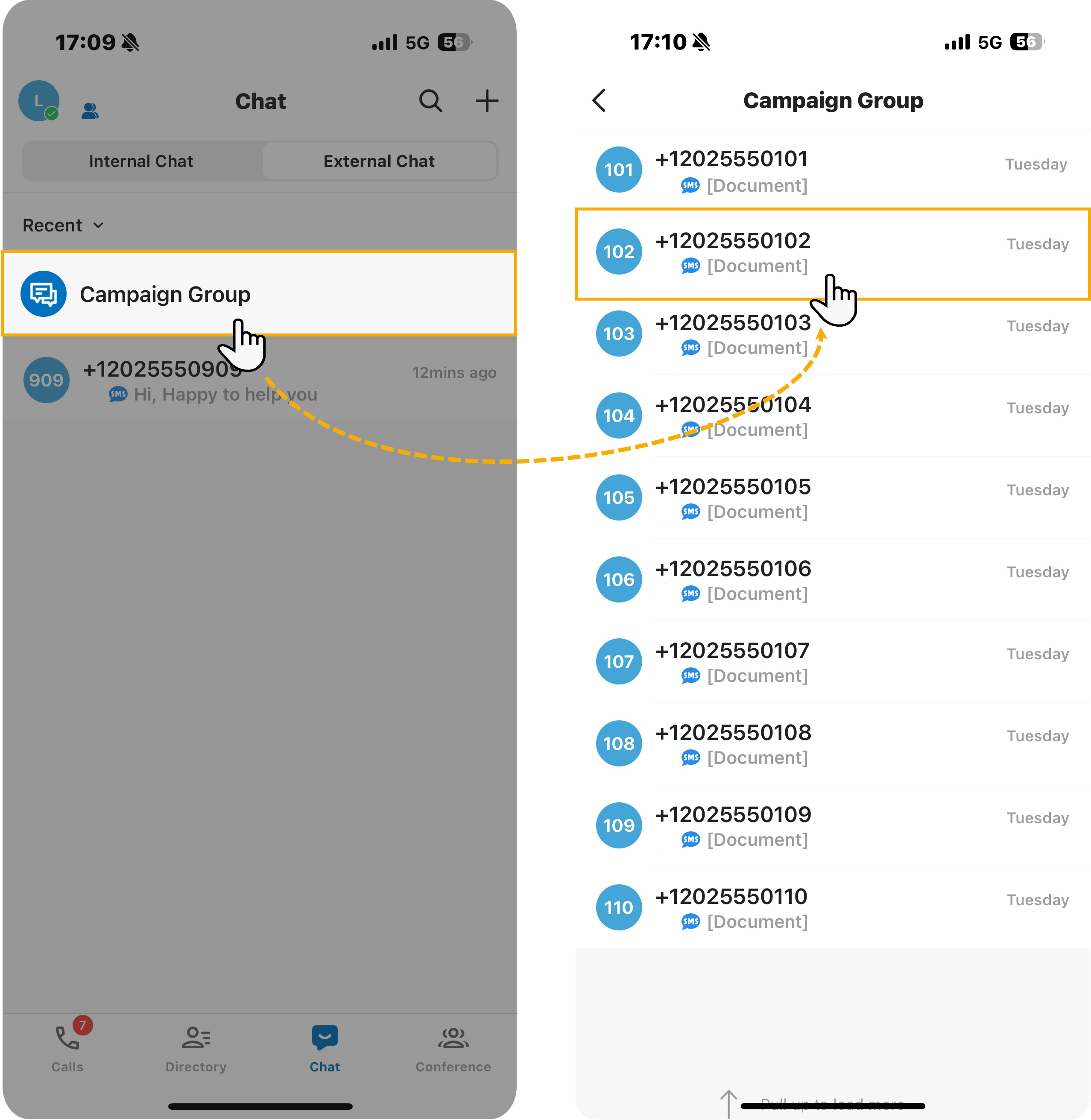 The external chat list with a Campaign Group entry