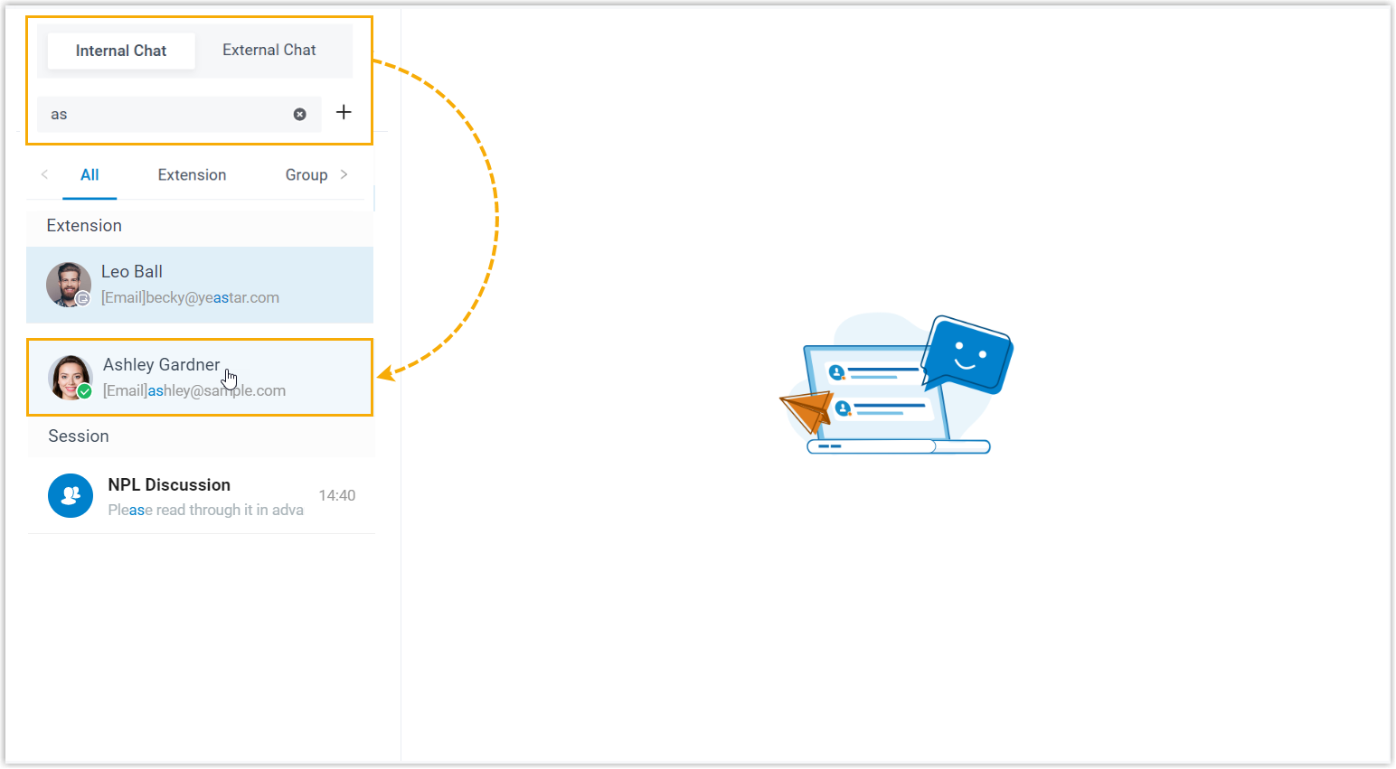 Cloud Voice, searching for a coworker to begin a private chat