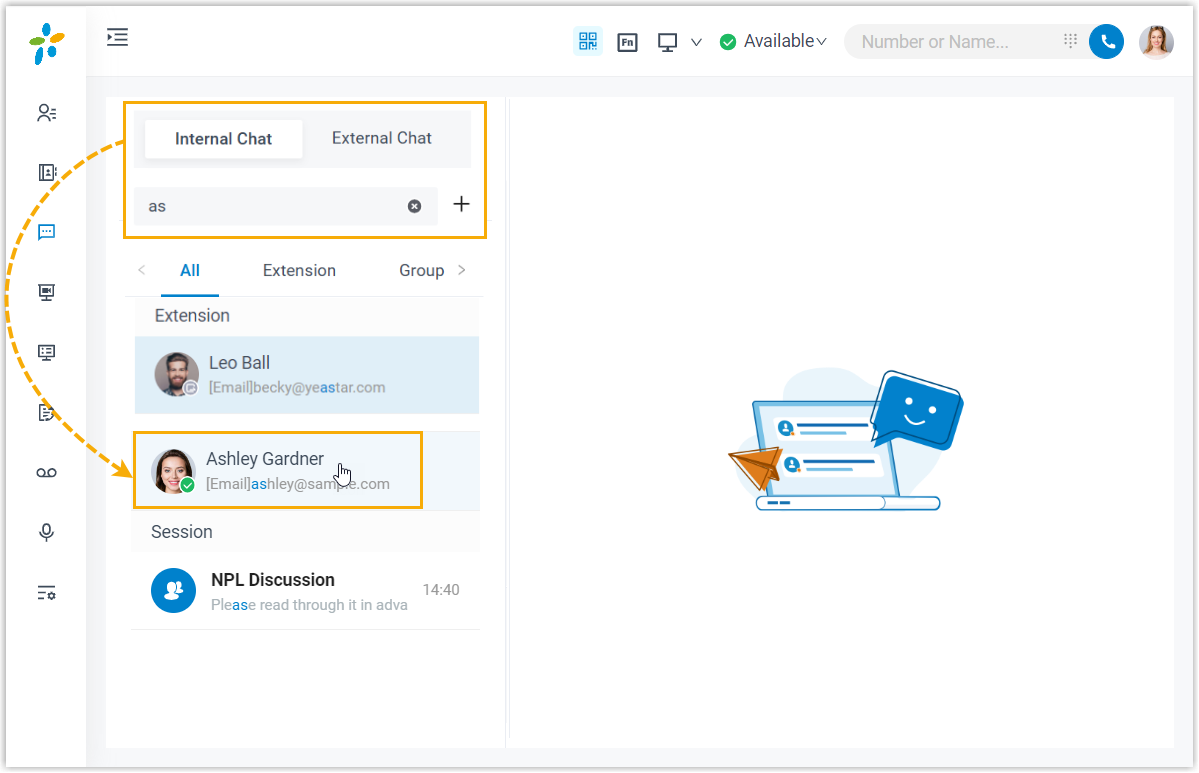 Cloud Voice, Internal Chat tab with a coworker selected and a private conversation open