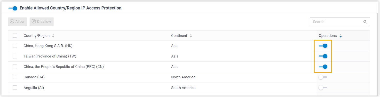 Country and region list re-sorted so allowed locations appear first