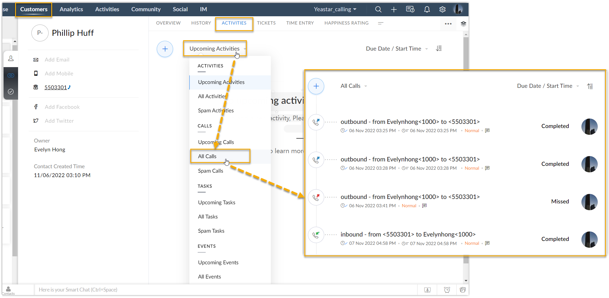 Cloud Voice, logged calls listed under the All Calls view of a Zoho Desk contact