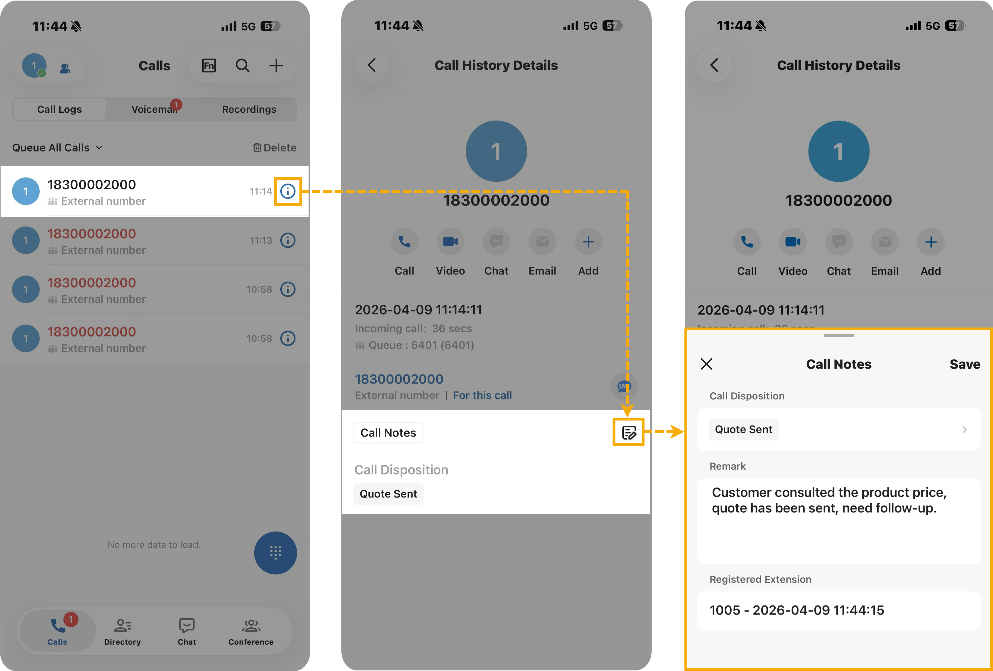 A call log entry displaying the saved call note for review
