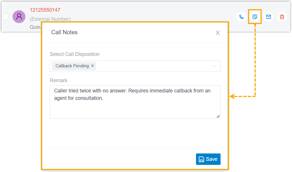 A call log entry displaying its saved call note