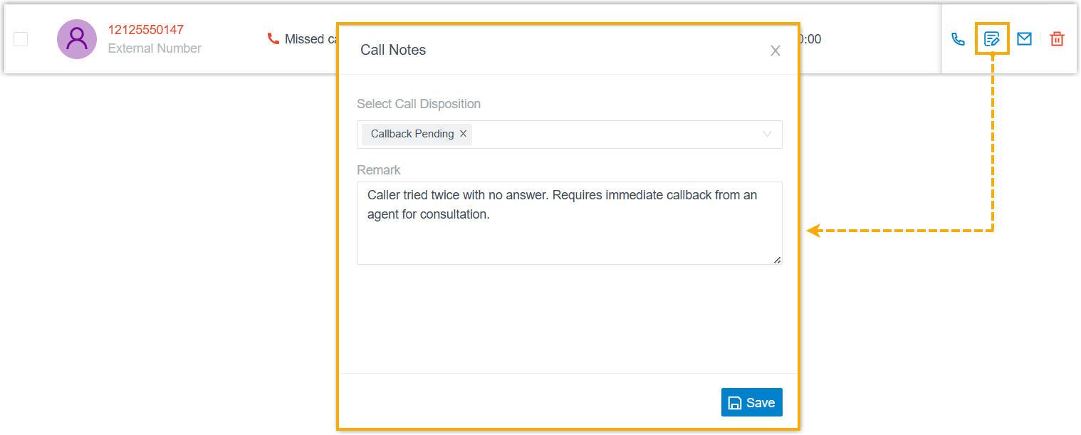 The call note panel open beside a queue call log in the web app
