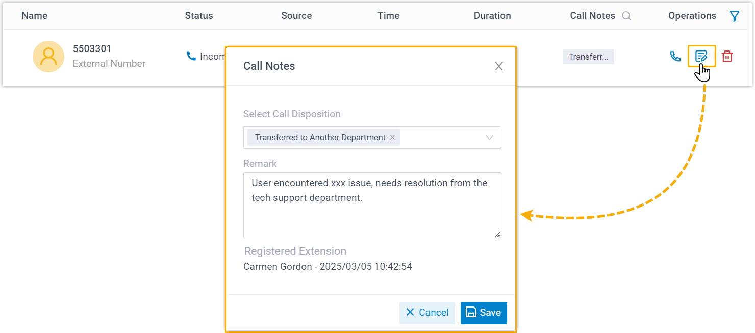 A call log entry displaying its saved disposition and remark