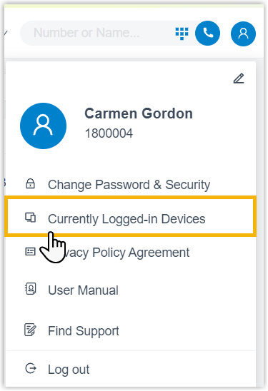 Account menu with the option to view currently logged-in devices