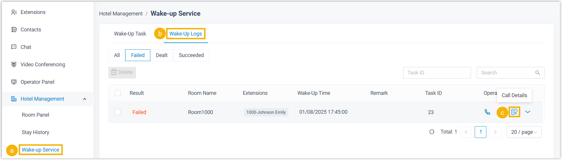 Wake-up log entry showing the failure reason
