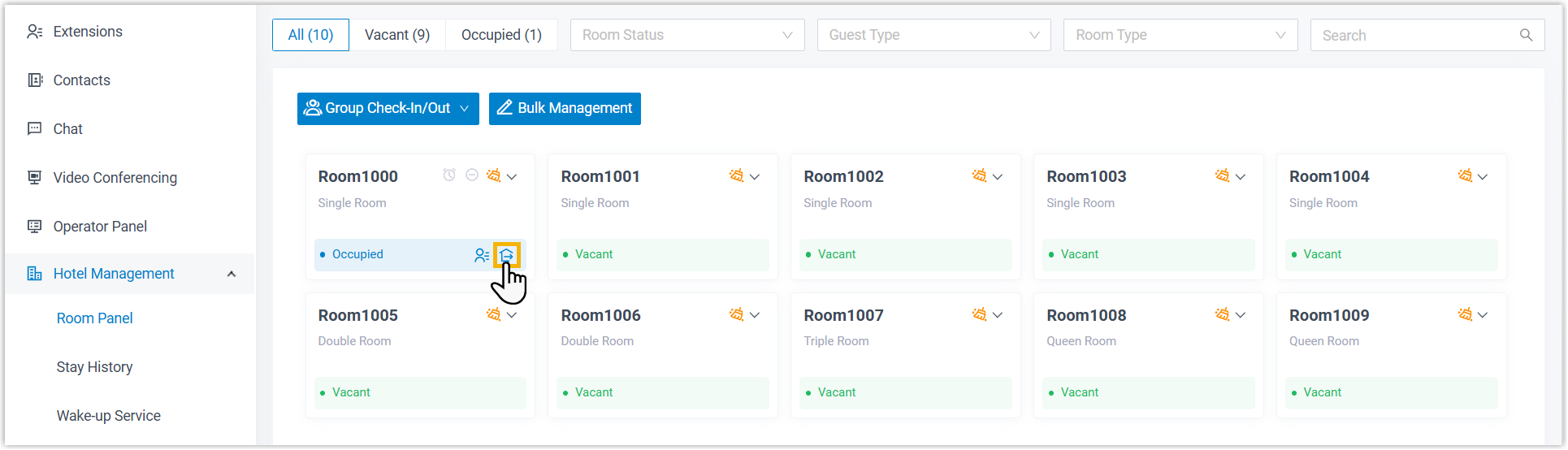 A checked-in room card with the check-out control highlighted in the corner