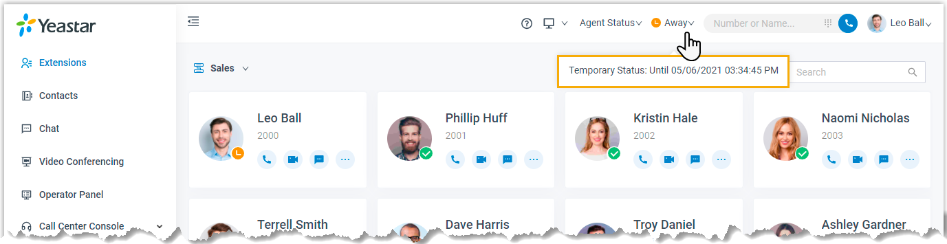 Cloud Voice, hovering over presence to view the temporary status expiration time