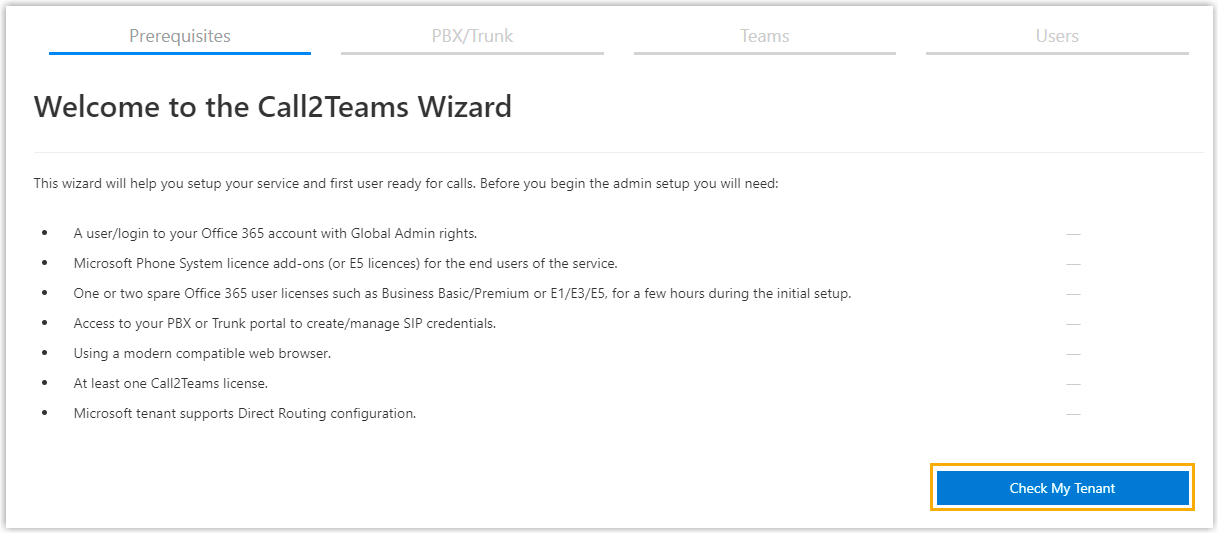 Prerequisites page with the option to validate the Microsoft 365 tenant