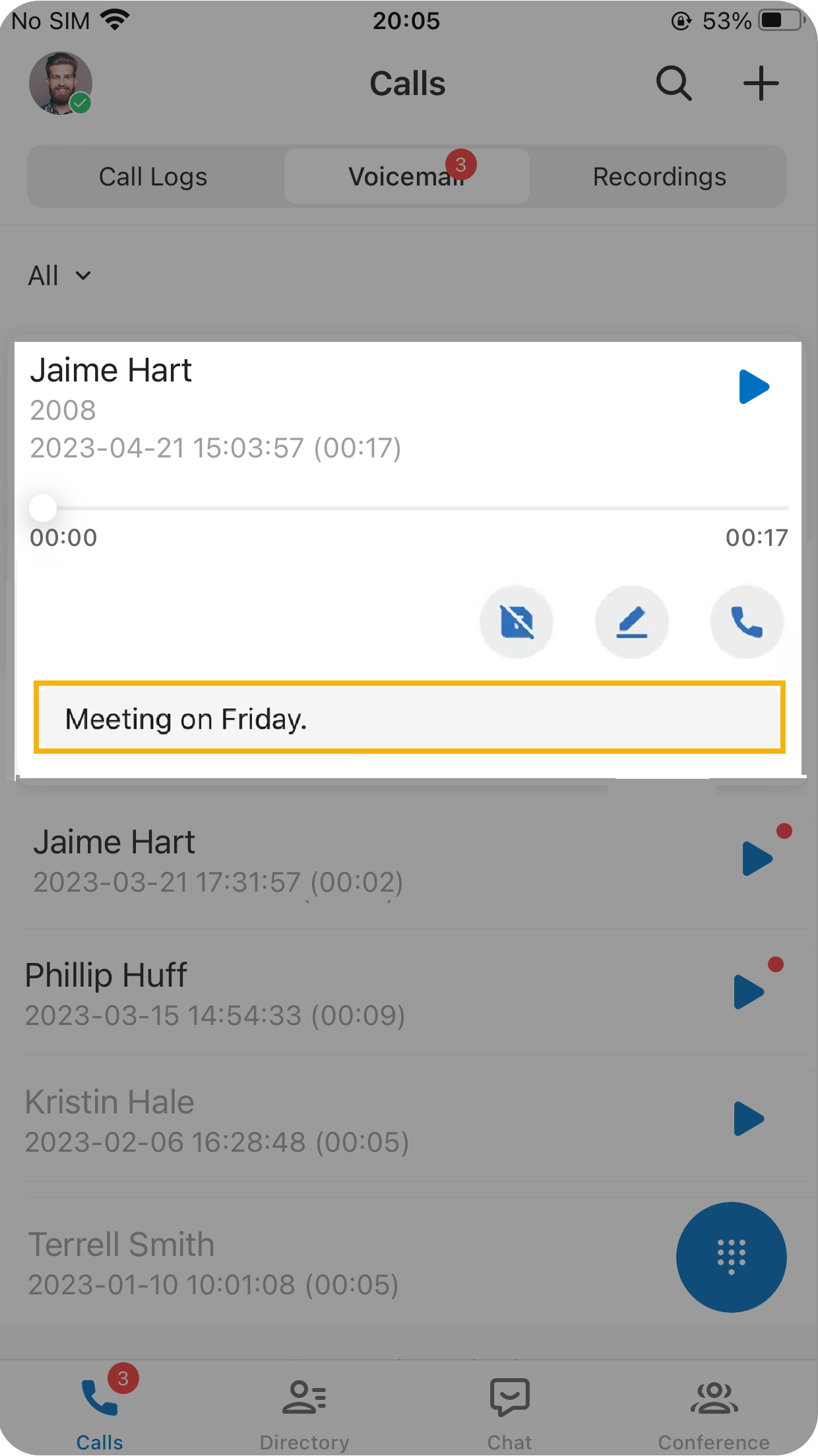 Transcribed text shown below an expanded voicemail
