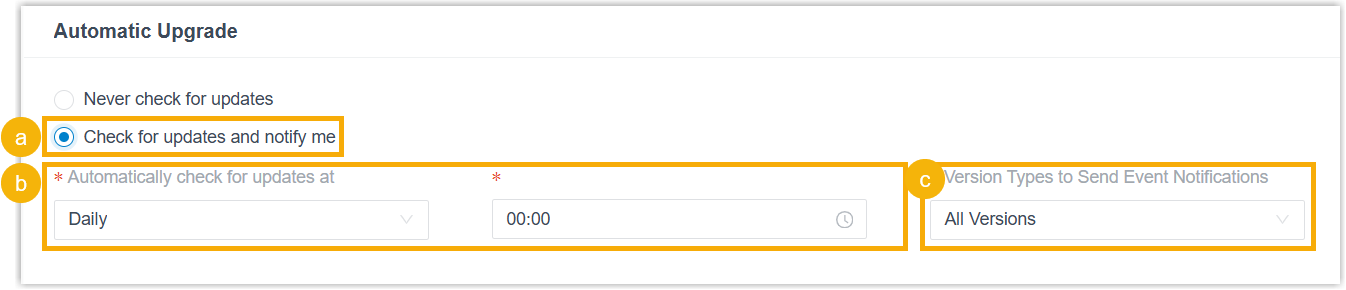 Automatic upgrade options with scheduled check and notification settings