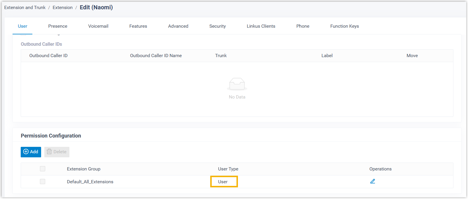 Cloud Voice, Permission Configuration list showing the extension's role in each group