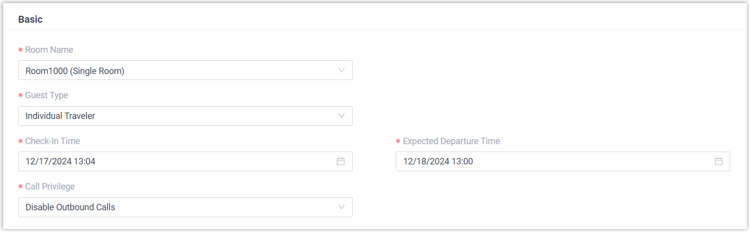 Basic accommodation fields for an individual check-in