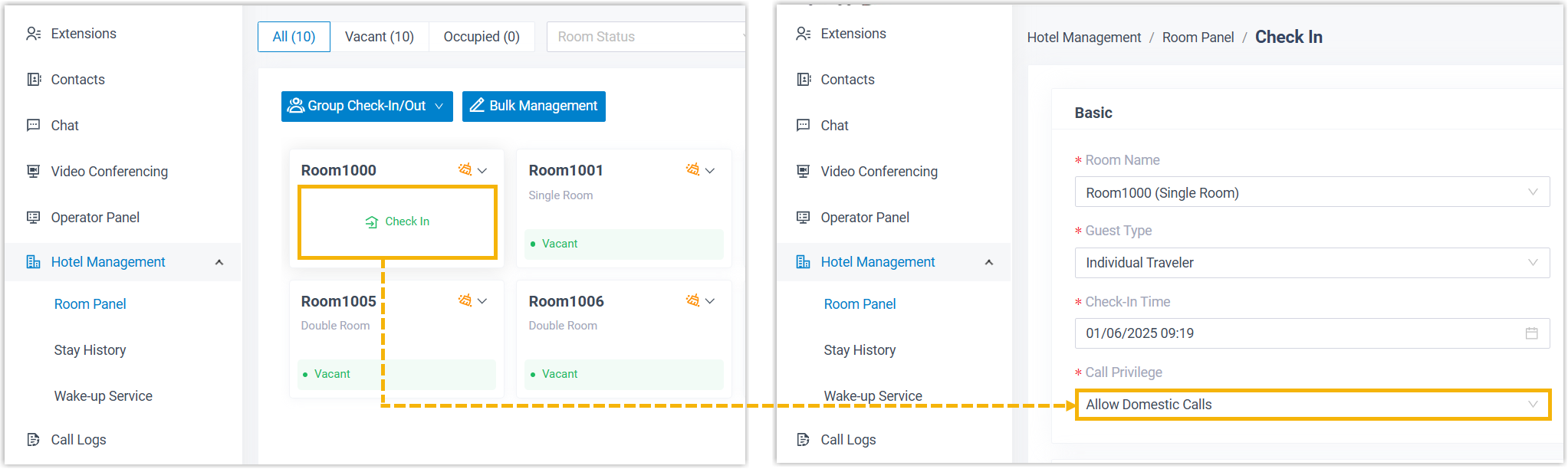 Setting Call Privilege to Allow Domestic Calls during check-in