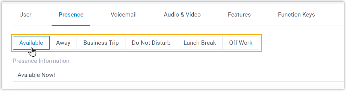 Presence status selector along the top of the Presence preferences page