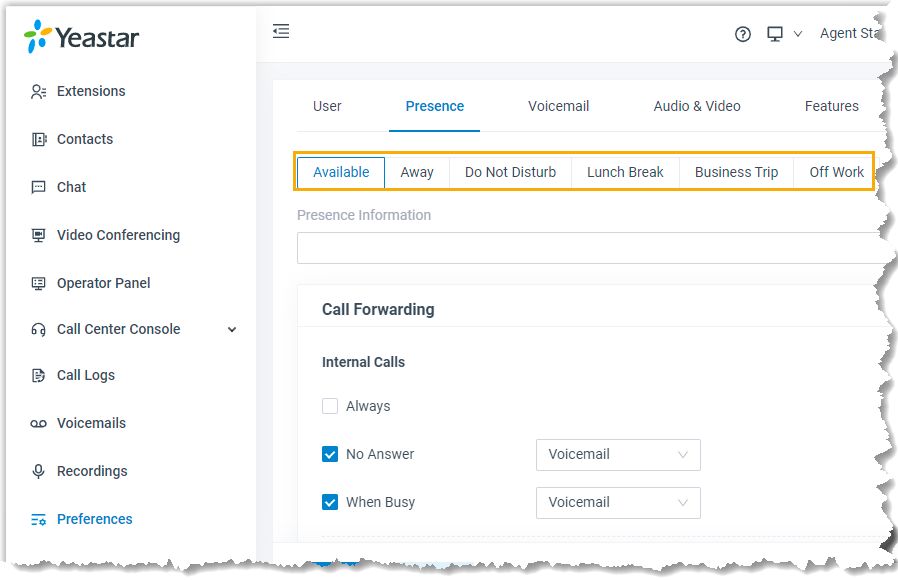 Cloud Voice, presence status bar for selecting which presence to configure