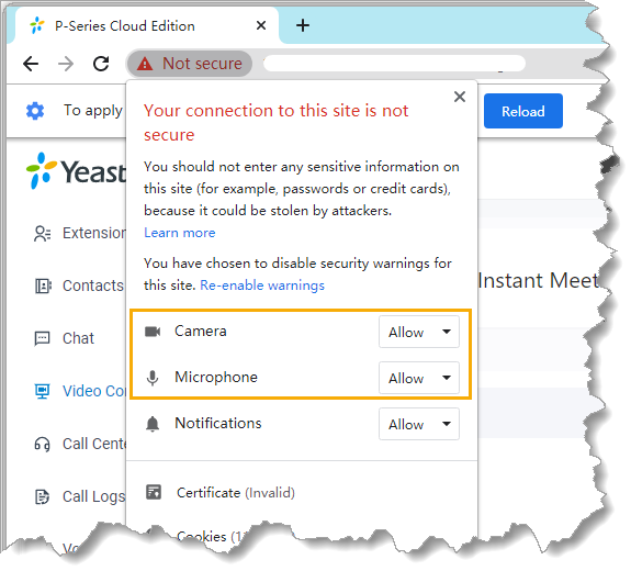 The browser address bar showing where camera and microphone access is blocked for the current site