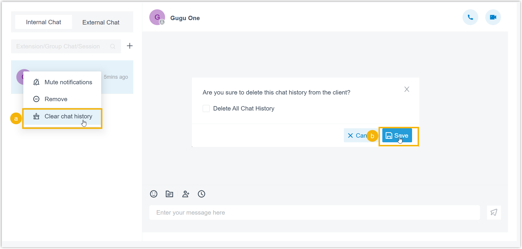 Steps for clearing local chat history from an internal chat session