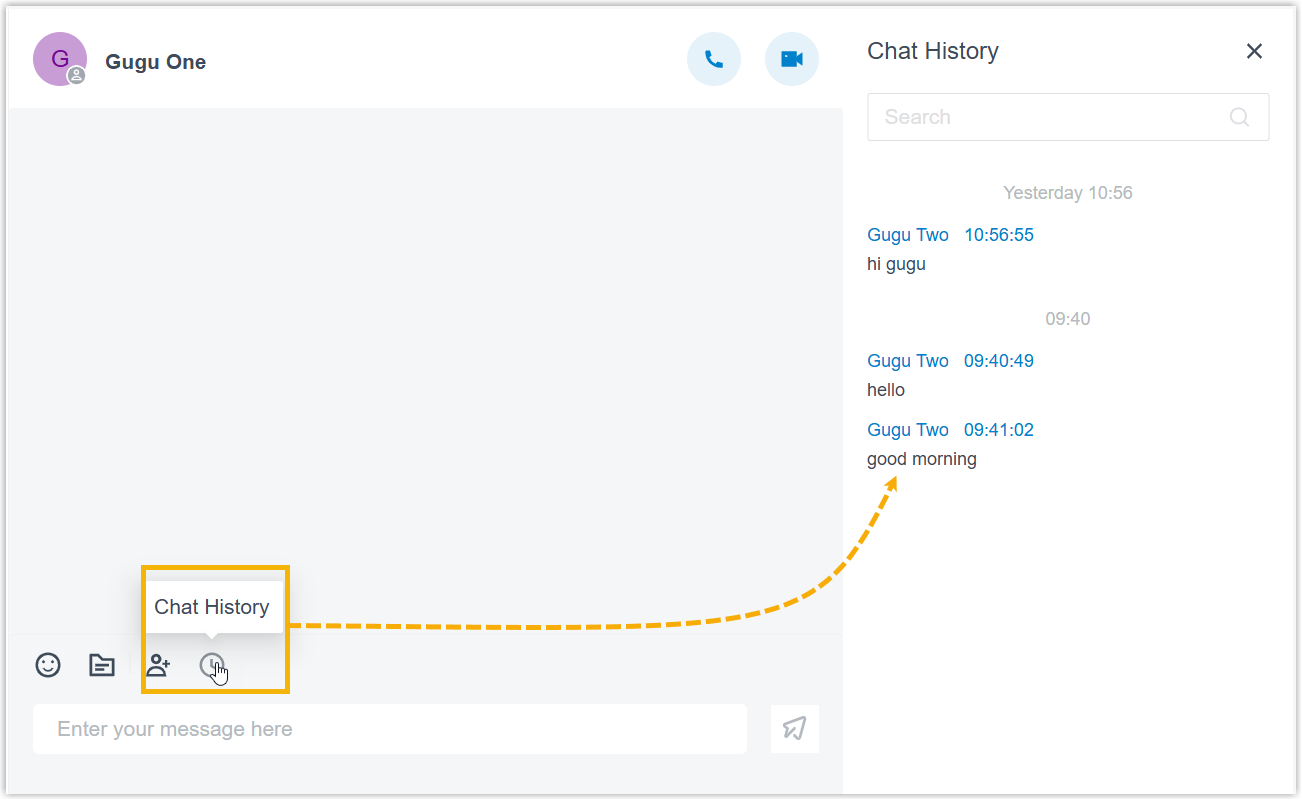 Chat window showing the history icon used to view the full conversation