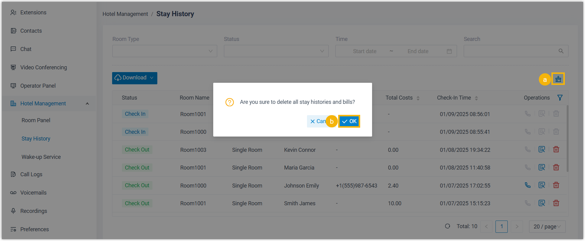 Confirmation prompt for clearing all guest stay records