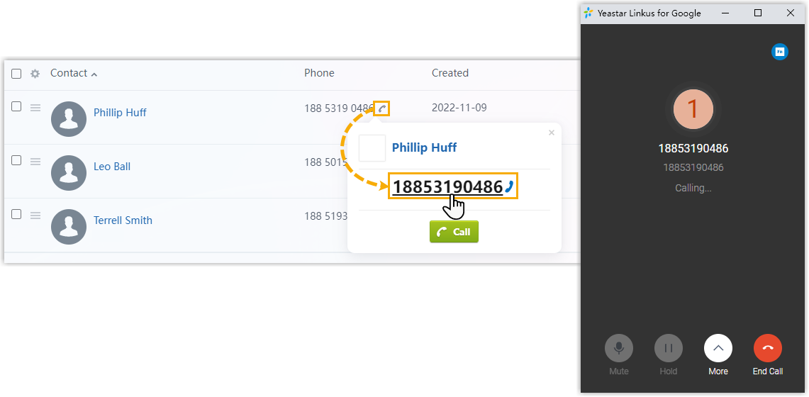 Cloud Voice, placing a call from a phone number displayed on a Bitrix24 record