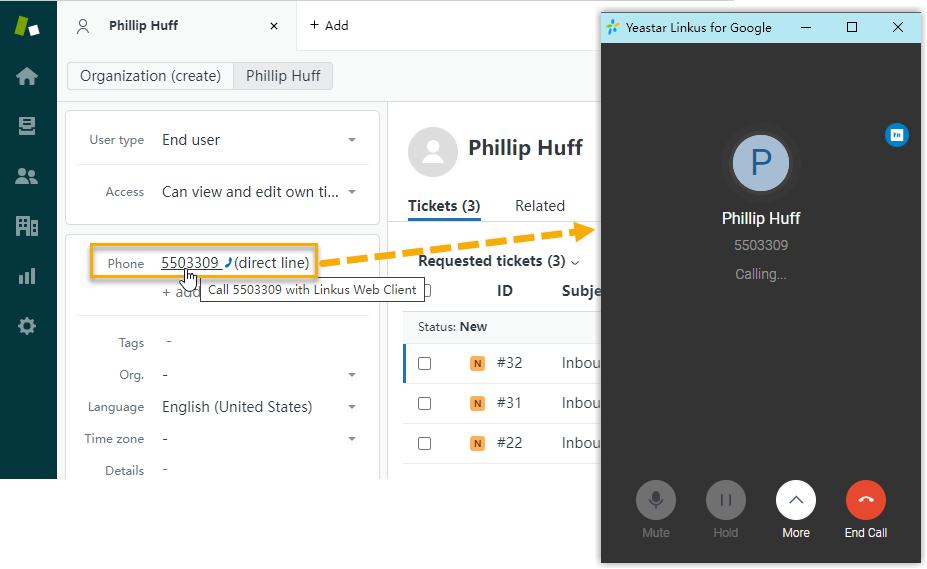 Cloud Voice, a clickable phone number highlighted on a Zendesk record