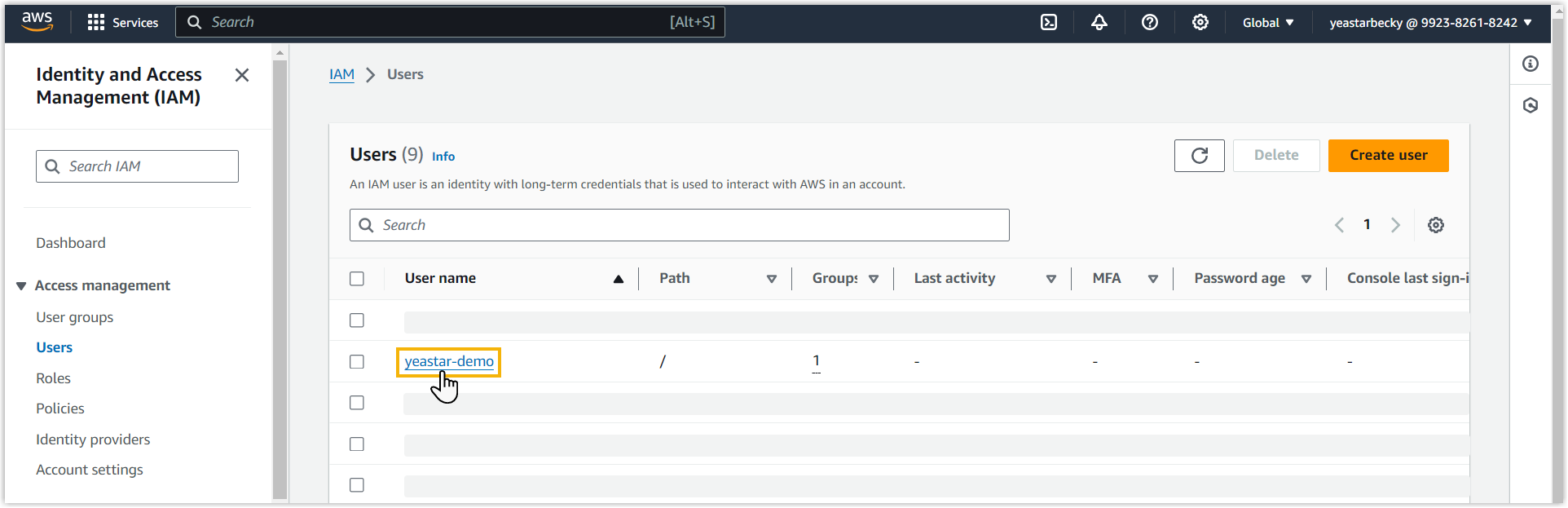 Cloud Voice, selecting the new IAM user in the users list