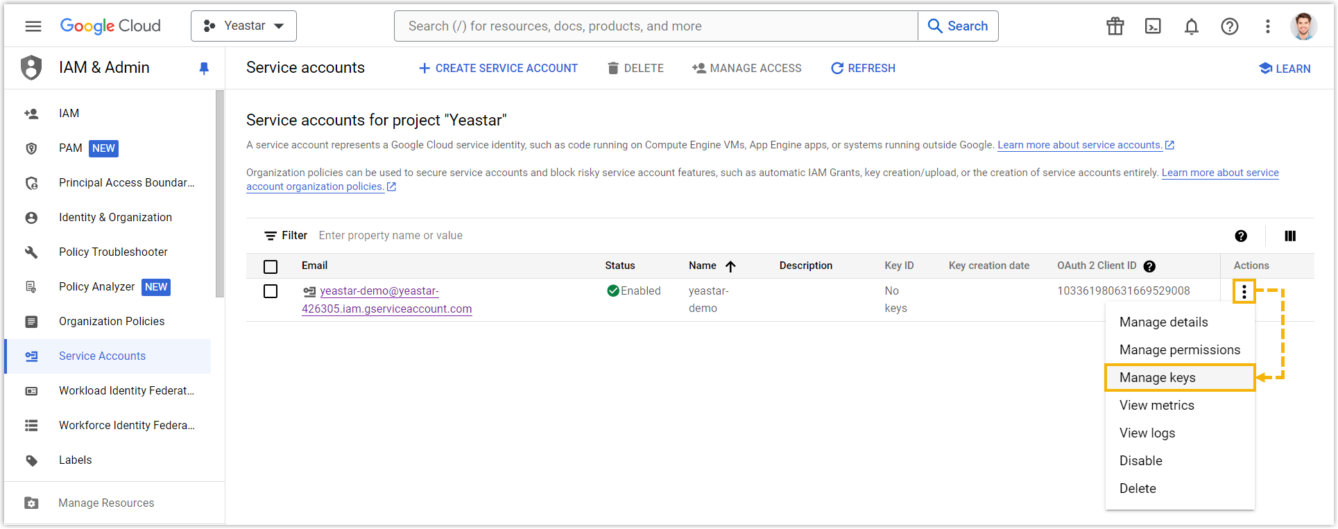 Cloud Voice, opening Manage keys for the service account