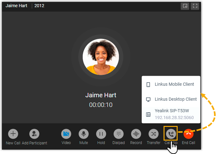 Cloud Voice, the Call Flip control on the in-call screen and the list of available devices