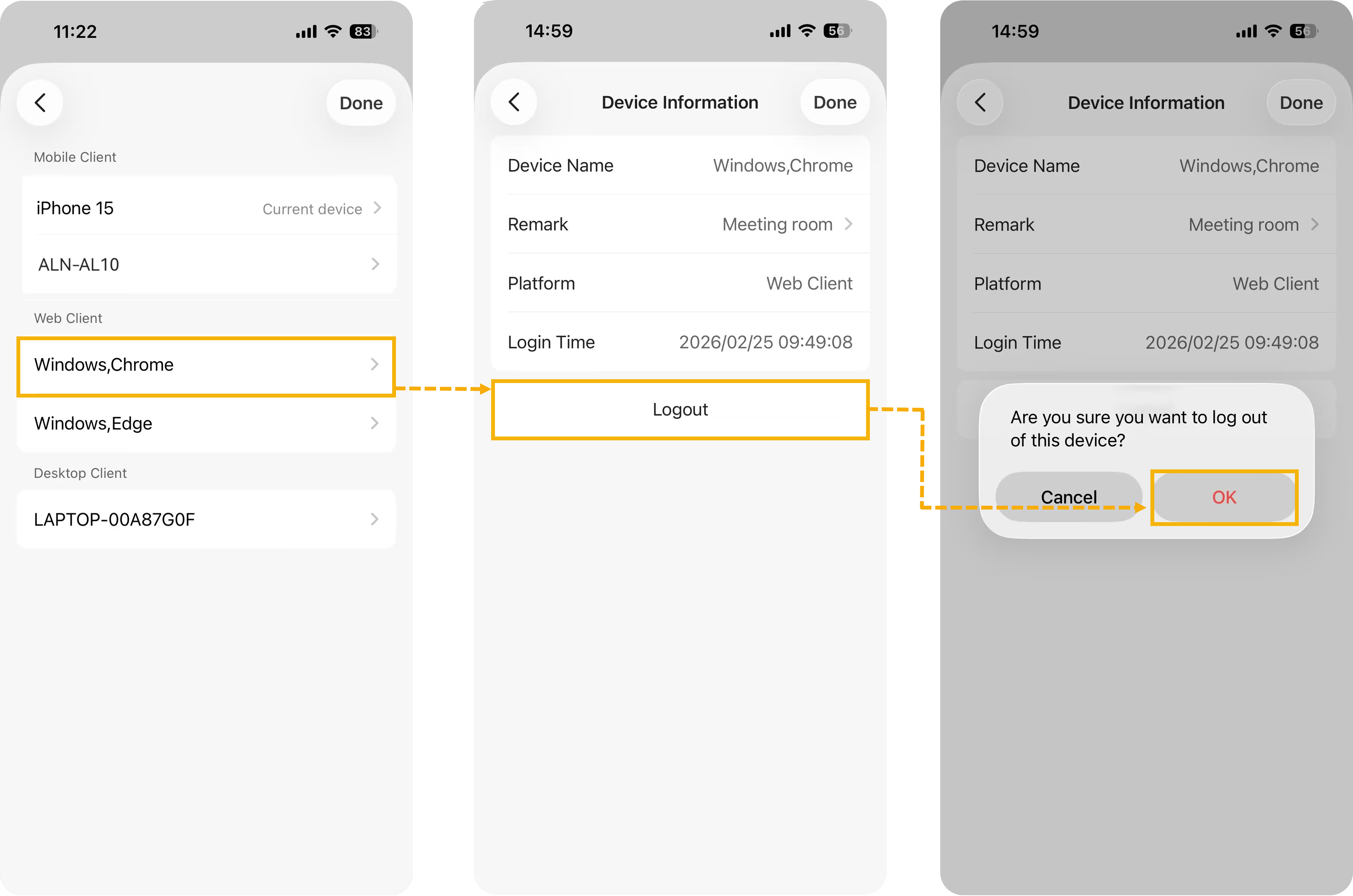 Selecting a signed-in device to log it out remotely