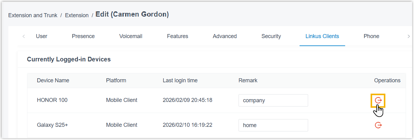 Cloud Voice, sign-out control beside a logged-in device