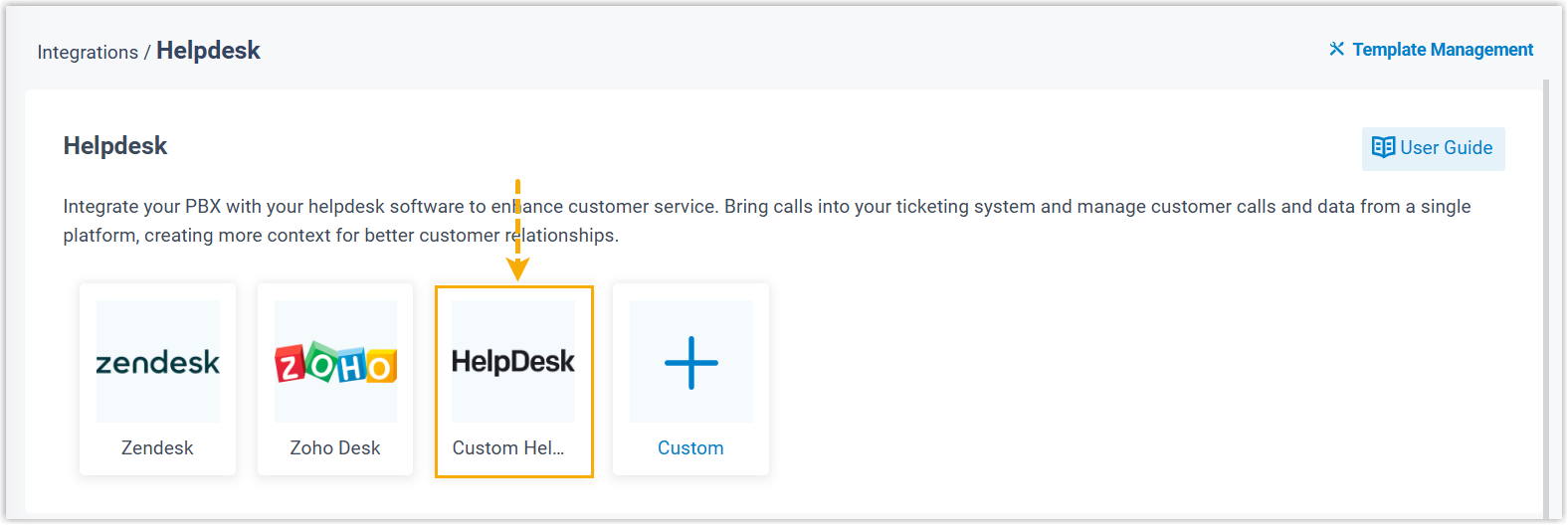 Helpdesk list showing an entry added from a custom template