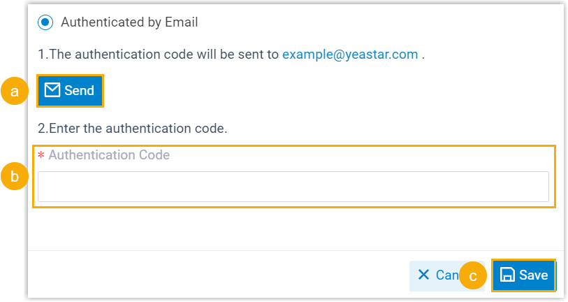 Cloud Voice, email two-factor authentication panel with a Send button and a field for the verification code