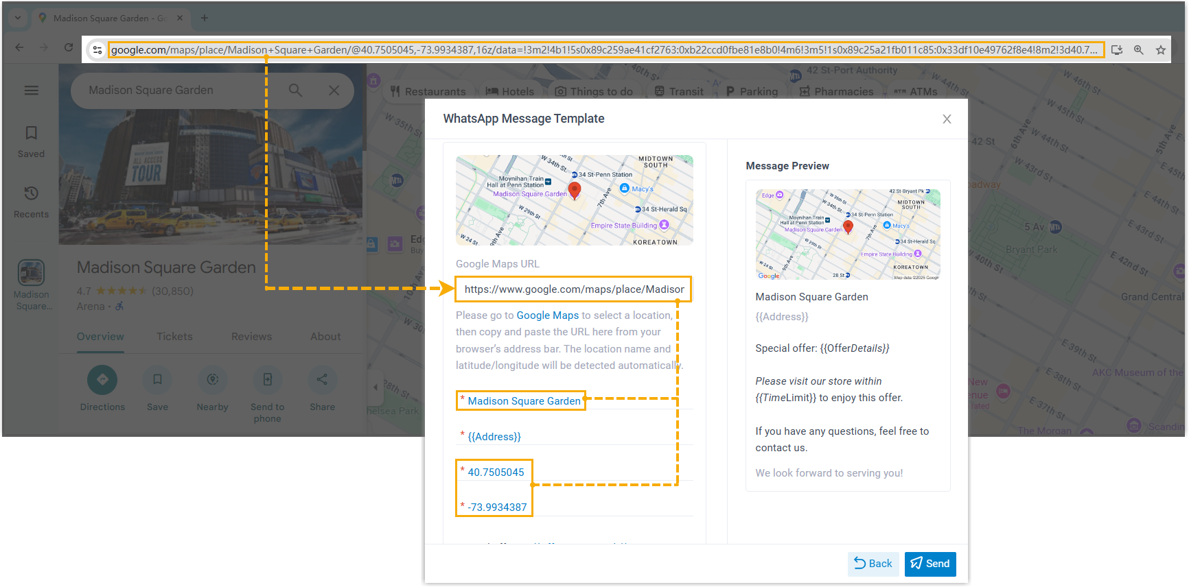 A location template with the address entered manually