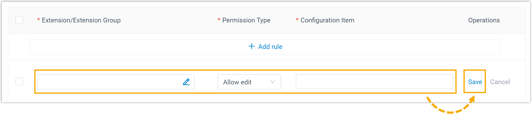 Form for an operation-permission rule, with fields for the target extensions, the permission type, and the configuration items to include