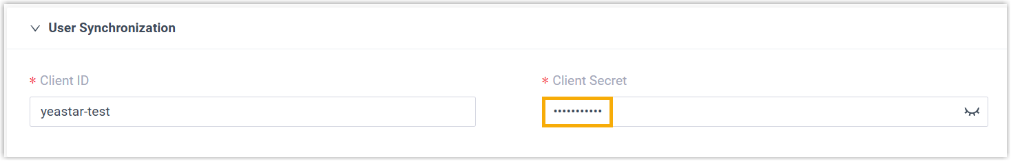 Cloud Voice, the Client Secret field under User Synchronization holding the updated value