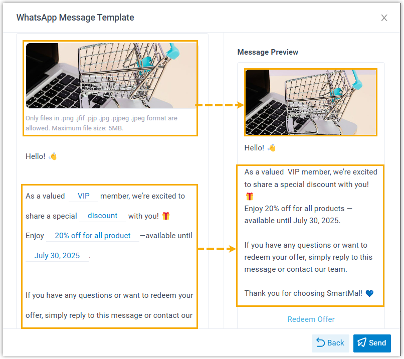 Completing the media and variables in a WhatsApp template