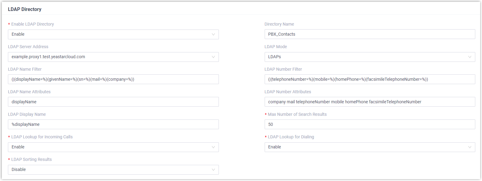 LDAP Directory settings for a provisioned phone