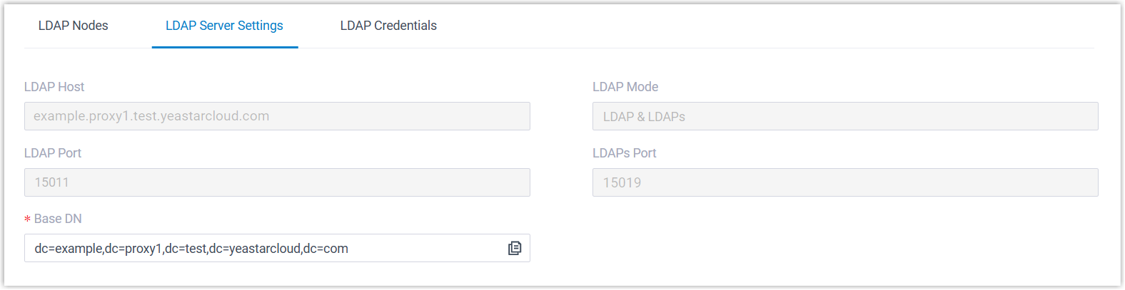 Cloud Voice, LDAP server settings tab showing host, mode, ports, and base DN fields