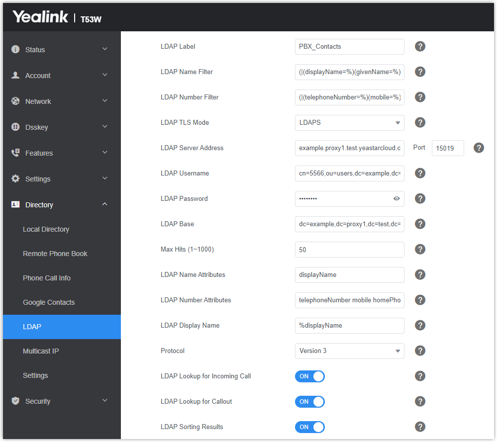 Cloud Voice, LDAP settings on the Yealink phone web interface with the LDAP Enable switch turned on