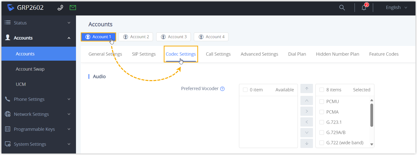 Account codec settings tab in the Grandstream phone interface