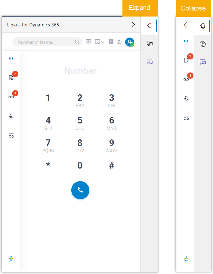 Cloud Voice, collapse toggle that minimizes the plugin pane in Dynamics 365