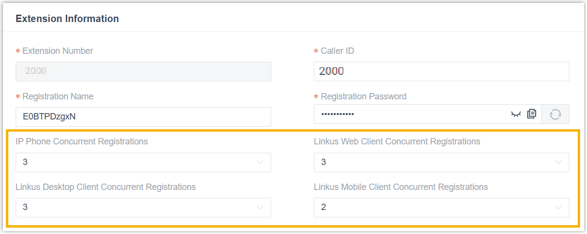 Cloud Voice, the concurrent registration settings for an extension