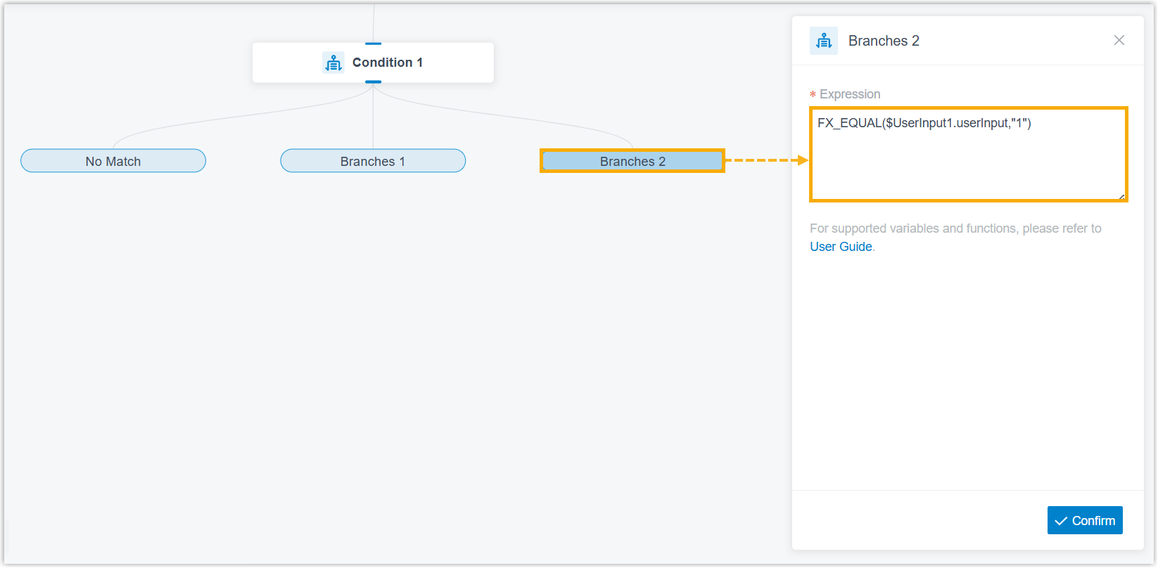 Entering an expression for a Condition branch