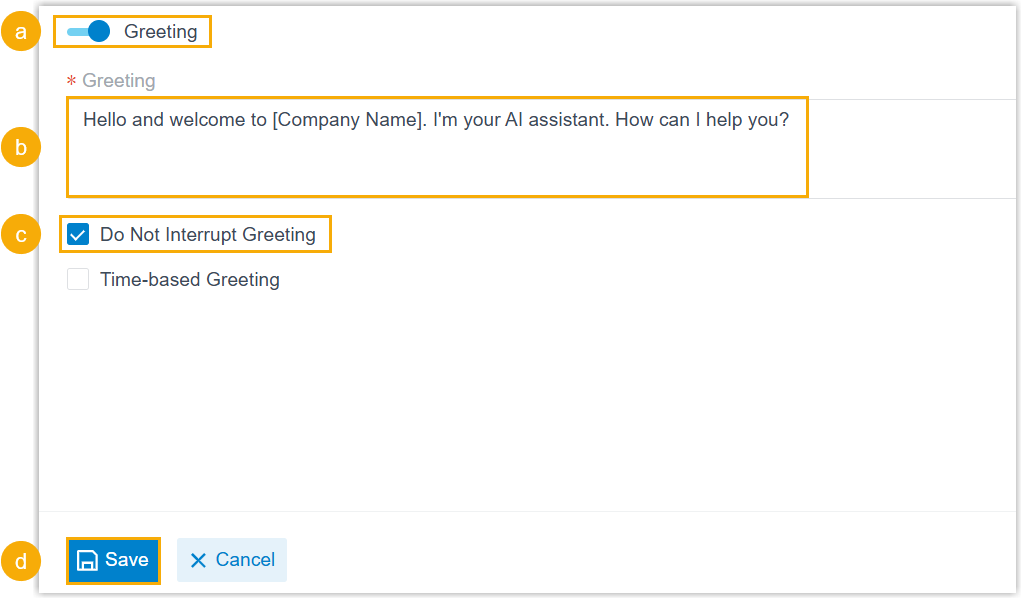 Greeting card with the greeting switch on and a message entered in the Greeting field
