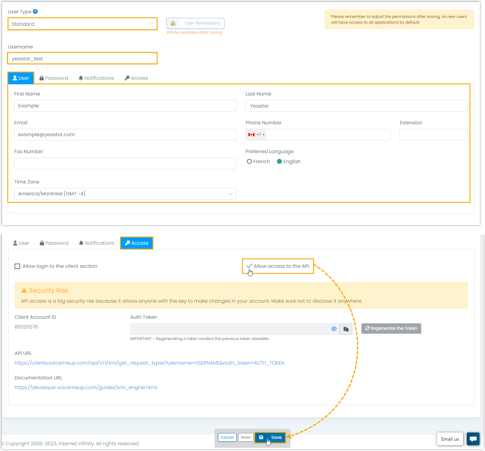 Cloud Voice, configuring account details and enabling API access in VoiceMeUp